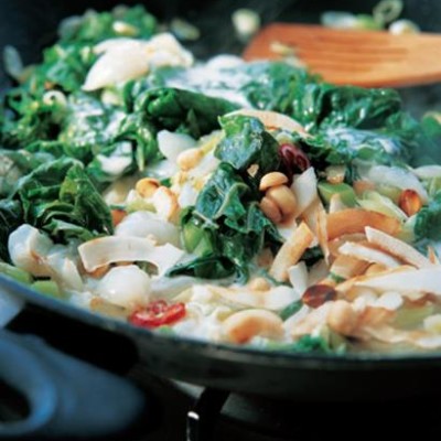 Litchi, spinach and coconut stir fry