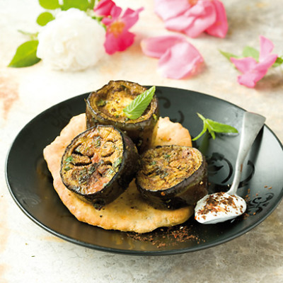 Marinated brinjal with rose-water yoghurt