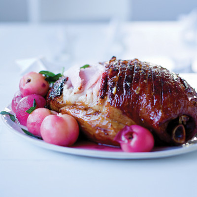 Marmalade-glazed gammon with poached white peaches