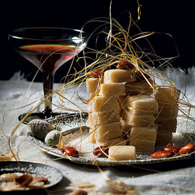 Marzipan with gold spun sugar and candied almonds