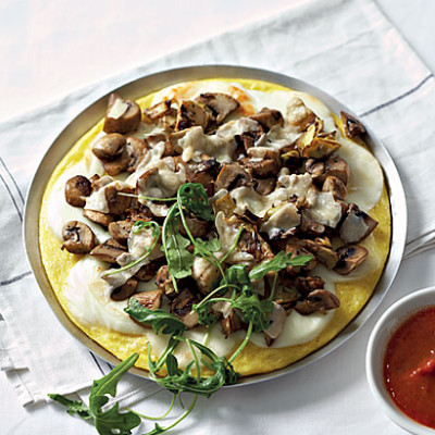 Meat-free mushroom and artichoke polenta pizza