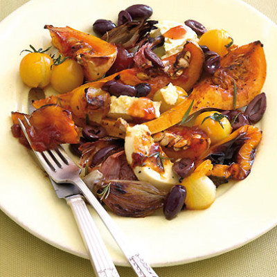 Mediterranean-style warm salad with organic feta and chilli jam