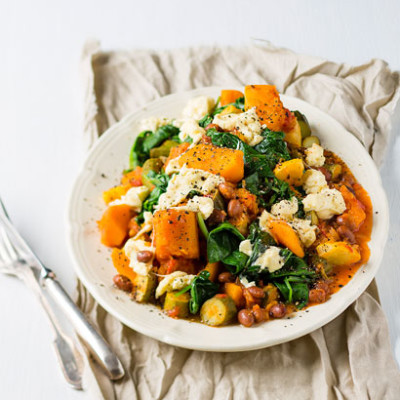 Mixed squash stew with borlotti beans and feta