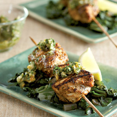 Moroccan lemon chicken on spinach