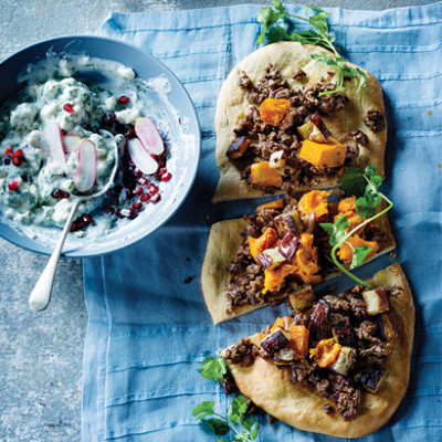 Moroccan minced lamb pizza with yoghurt-feta tzatziki