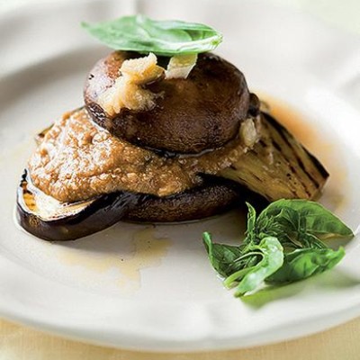 Mushroom and brinjal stack with tahini dressing