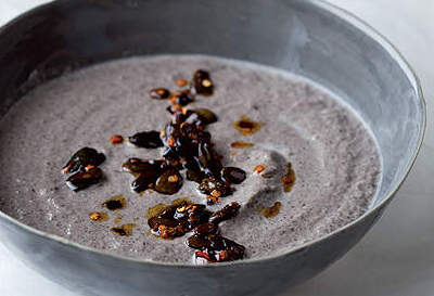 Mushroom soup with chilli-fried pumpkin seeds