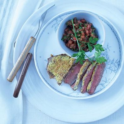 Mustard roast beef with fresh tomato sauce