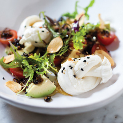 Nodini, avocado, fermented black bean and basil salad with toasted garlic shards