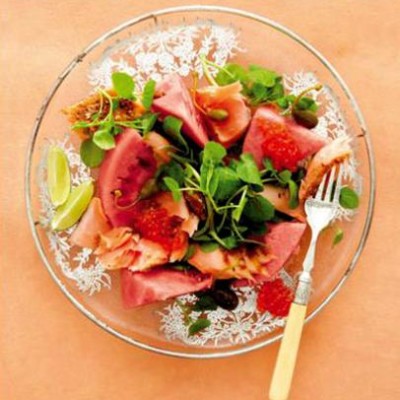 Norwegian salmon, watermelon and watercress salad