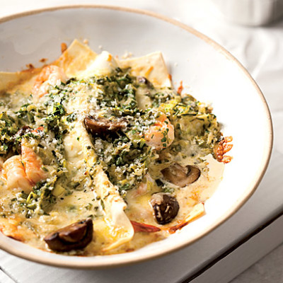 Open mushroom and shrimp lasagne