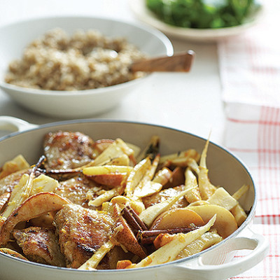 Orange chicken with ginger, cinnamon, cumin, parsnips and pears on barley pilau