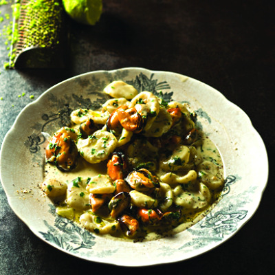 Orecchiette with West Coast mussels in a lemon-garlic cream sauce