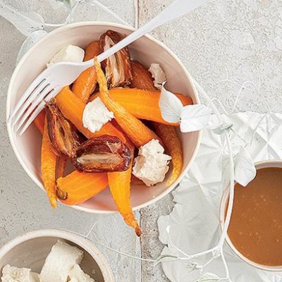 Organic carrot salad with dates, goats' cheese and rose water caramel dressing