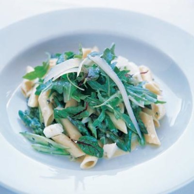 Organic penne with asparagus carbonara