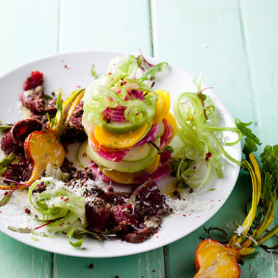 Ostrich carpaccio with fresh apple, candy-striped beetroot and kohlrabi salad