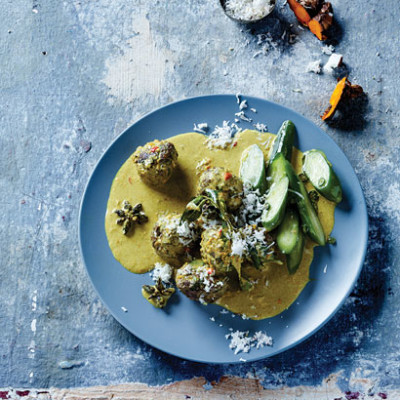 Ostrich meatballs in Burmese curry sauce with cucumber-and-coconut salad