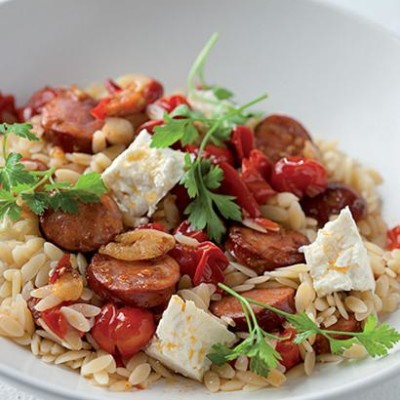 Pan-fried chorizo and feta pasta