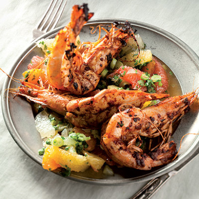 Pan-fried harissa prawns with citrus salsa