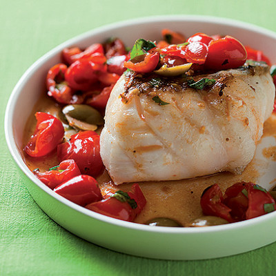 Pan-roasted fish with smashed tomatoes and green olives