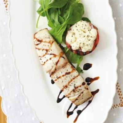 Pan-seared fish with warm caprese salad