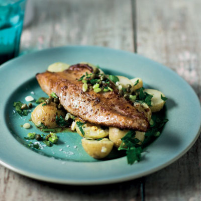 Pan-seared mackerel with warm potato-and-caper salad