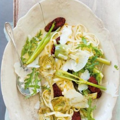 Panfried artichokes, fennel and chorizo tagliatelle