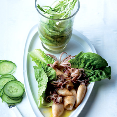 Panfried baby squid with cucumber and spring onion marinated in a lime and wasabi vinaigrette