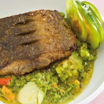 Panfried balsamic dorado with homemade spanish green tomato, papaya and chilli gazpacho