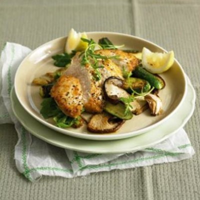 Panfried chicken with baby marrow and porcini