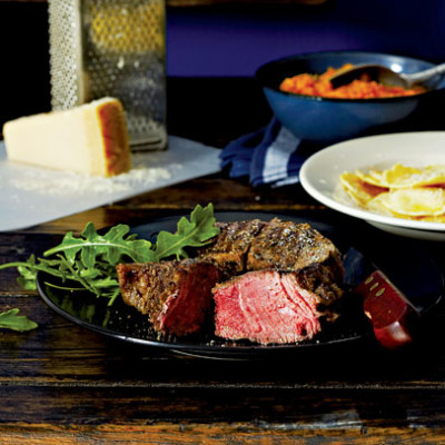 Pangrilled steak with pasta pockets and butternut mash