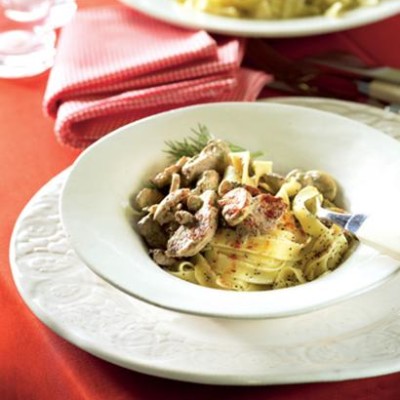 Paprika veal and mushrooms with noodles