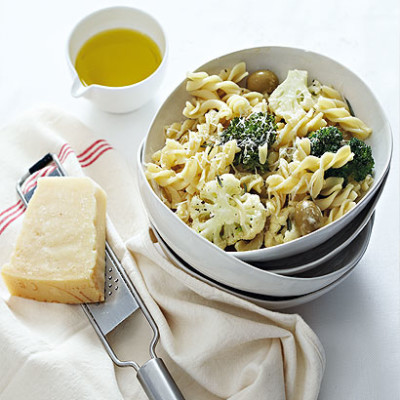 Pasta with braised cauliflower and broccol, rosemary and olives