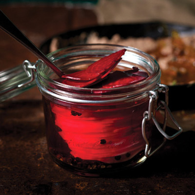 Pickled turnips and beetroot with rustic chicken liver pate