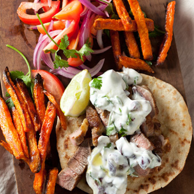 Pita with lamb steaks, yoghurt and sweet potato chips