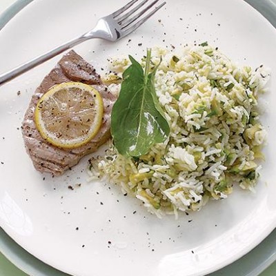 Poached tuna with avocado rice