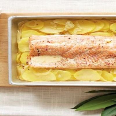 Potato, saffron and trout bake