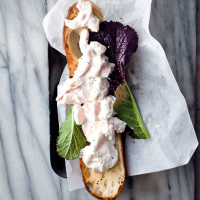 Prawn salad on garlicky toasted ciabatta