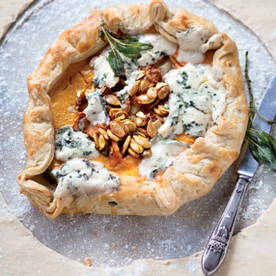 Pumpkin, sage and blue cheese tart