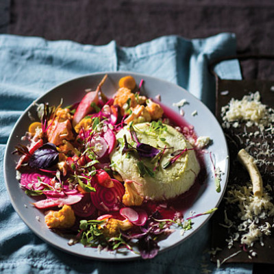 Radish, cauliflower and beetroot piccalilli with baked goats cheese