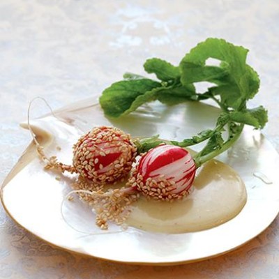 Radishes with roasted sesame and organic vanilla chocolate ganache