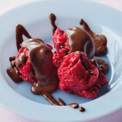 Raspberry sorbet and ganache