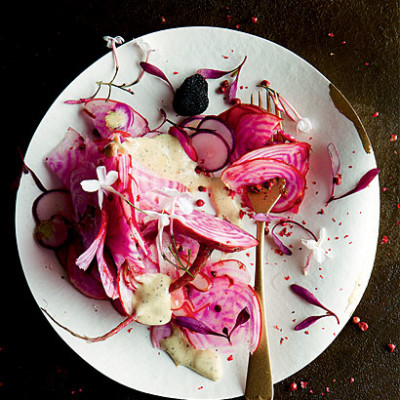 Raw candy-striped beetroot, jasmine and radish shavings with truffle aioli