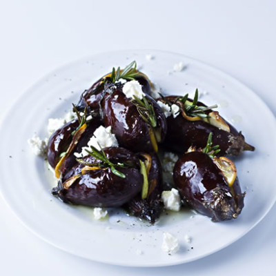 Roast baby brinjals with garlic, lemon and oregano