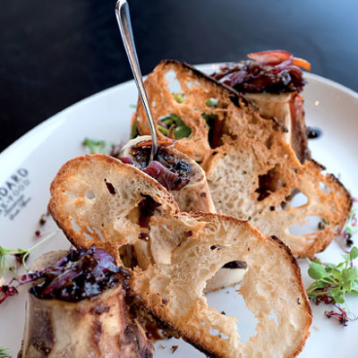 Roast bone marrow with onion marmalade and ciabatta