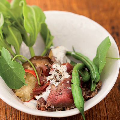 Roast brinjal and kudu carpaccio salad with yoghurt and lemon buchu dressing