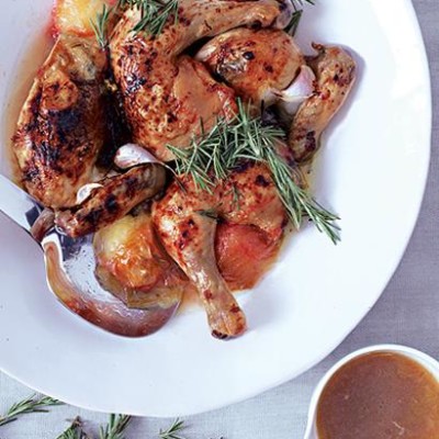 Roast chicken with plums, honey and rosemary