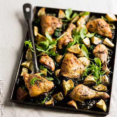 Roast chicken with sweet potatoes and Swiss chard