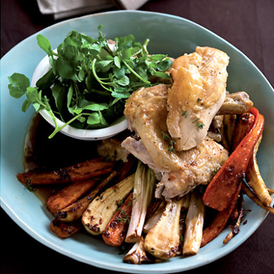 Roast flattened chicken with three veg