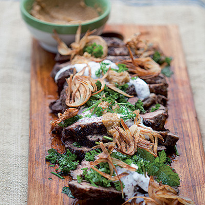 Roast lamb with crisp onion and tahini